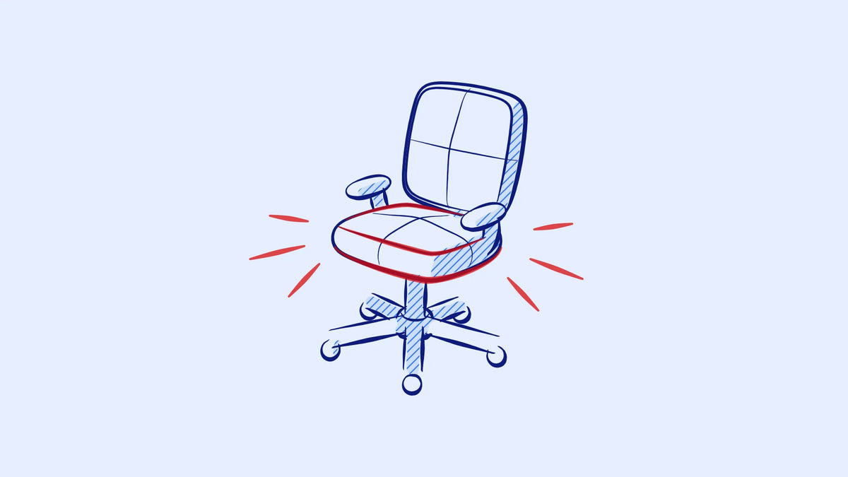 Sketch of an office chair in the hot seat, illustrating design interview questions and design interview tips for designers, from Raydar.